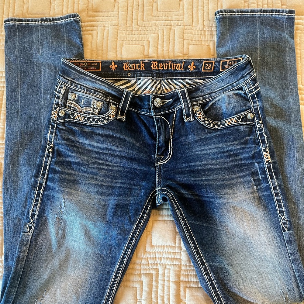 Rock Revival Jeans with Embellished Pockets 28